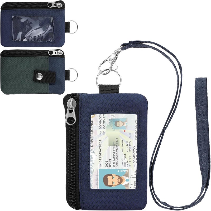 ZHOMA Minimalist RFID Wallet with Lanyard, Multi-Functional ID Case with 2 Zipper Pockets and Key Chain for Men and Women, Tactical Badge Pouch Cards Holder, Coin Purse for Travel Sports - Gray&Blue - Image 1